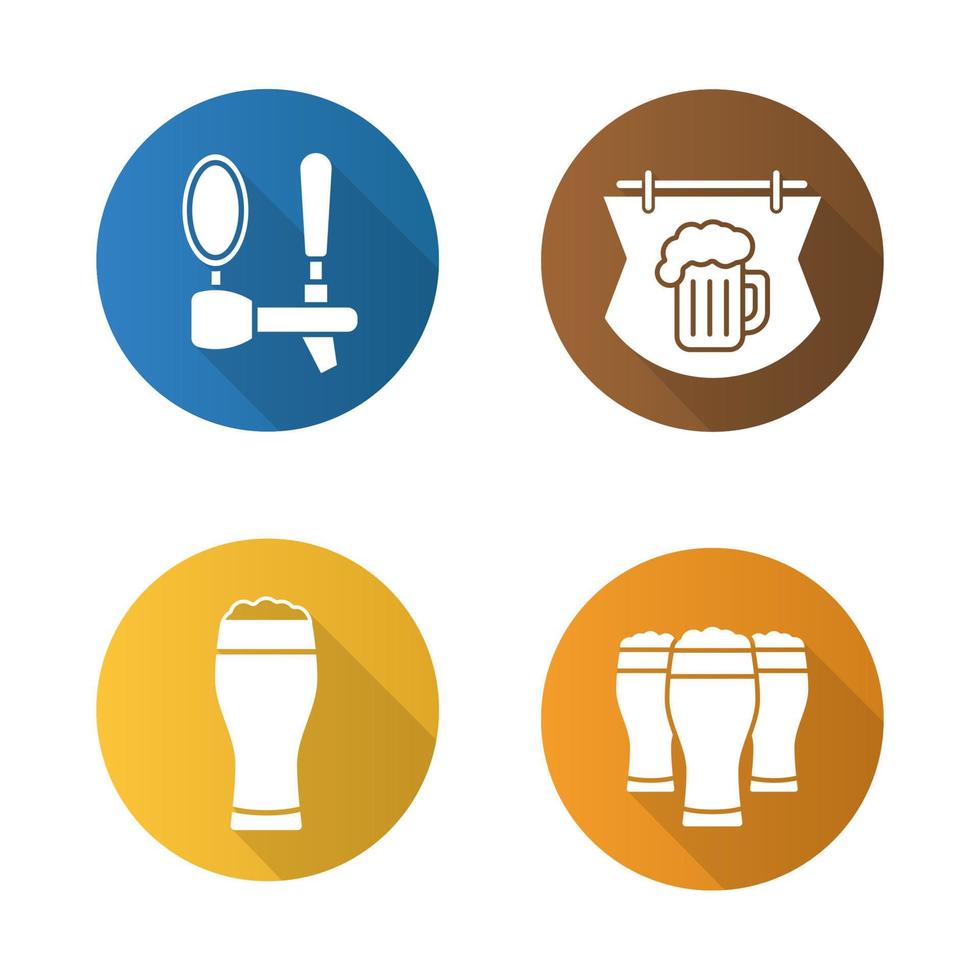 Conjunto de iconos de larga sombra de diseño plano de pub de cerveza. letrero de barra de madera, vasos de cerveza espumosos y grifo. vector silueta simbolos