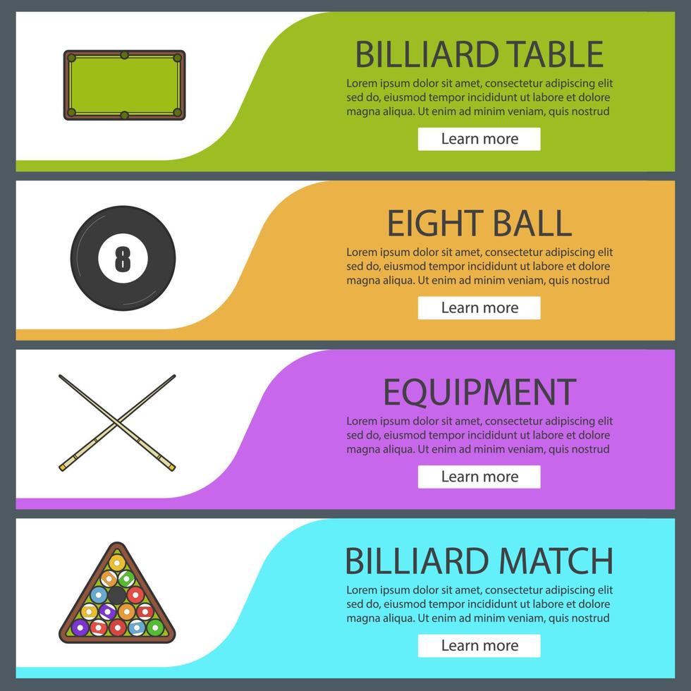 Billiard banner templates set. Snooker ball rack, crossed cues, table, eight ball. Website menu items. Color web banner. Vector headers design concepts