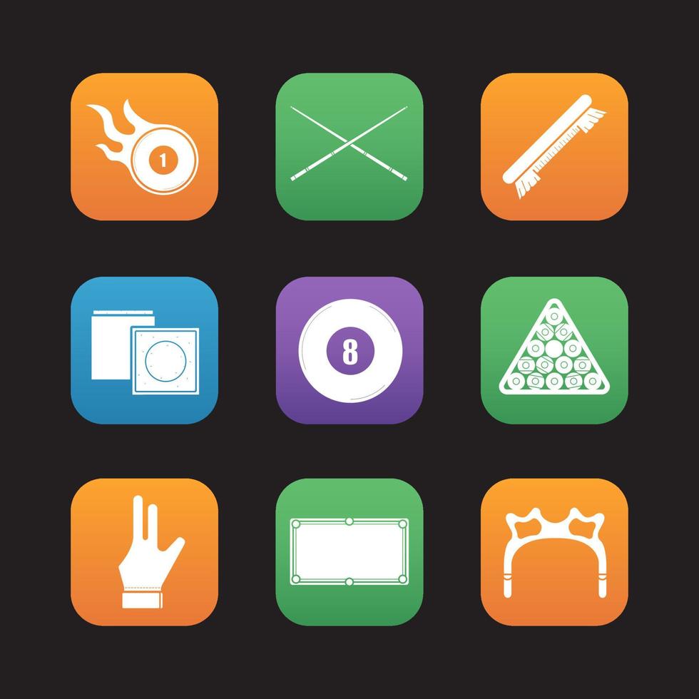 Billiard flat design icons set. Pool ball rack, cues, brush, glove, eight ball, chalk, table, rest head, burning ball. Web application interface. Vector illustrations