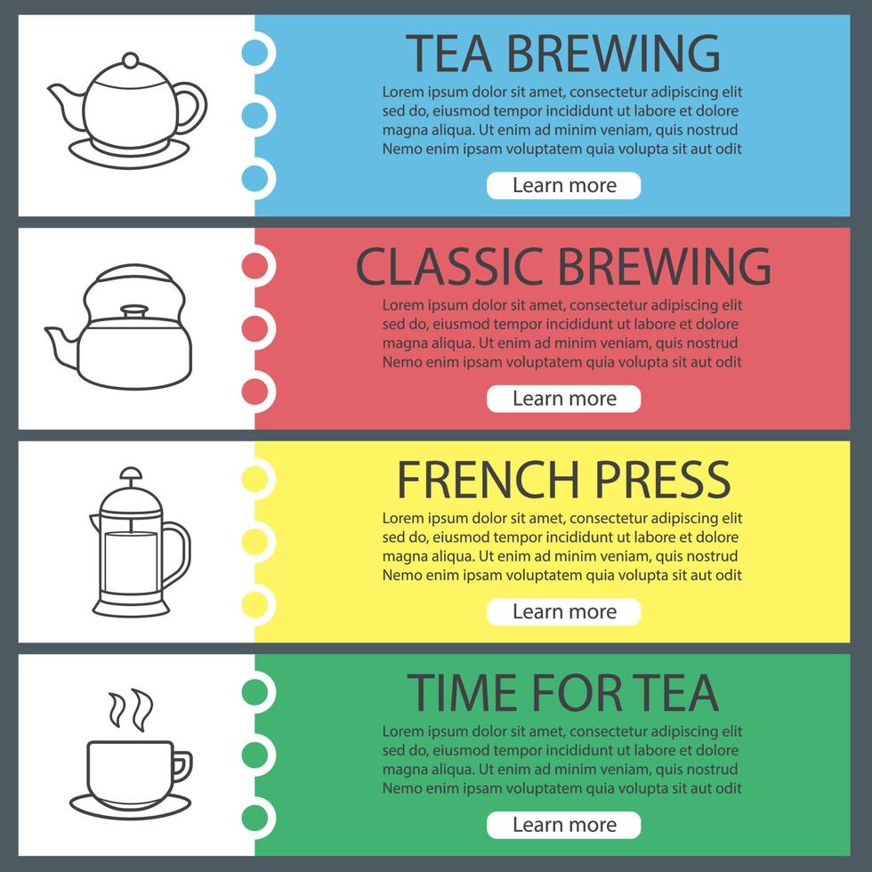 conjunto de plantillas de banner de elaboración de té. tetera, hervidor, prensa francesa, taza de té humeante en un plato. elementos del menú del sitio web con iconos lineales. banner web en color. conceptos de diseño de encabezados vectoriales vector