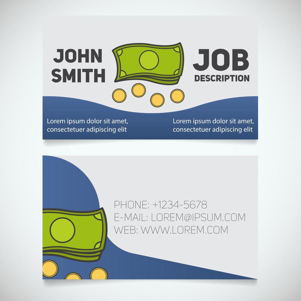 Business card print template with cash and coins logo. Businessman. Accountant. Stationery design concept. Vector illustration