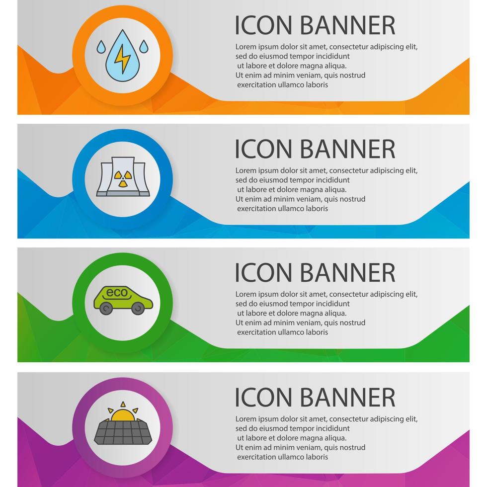 Eco energy banner templates set. Nuclear power plant, water energy, solar panel, eco friendly car website menu items. Color polygonal web banner concepts. Vector backgrounds