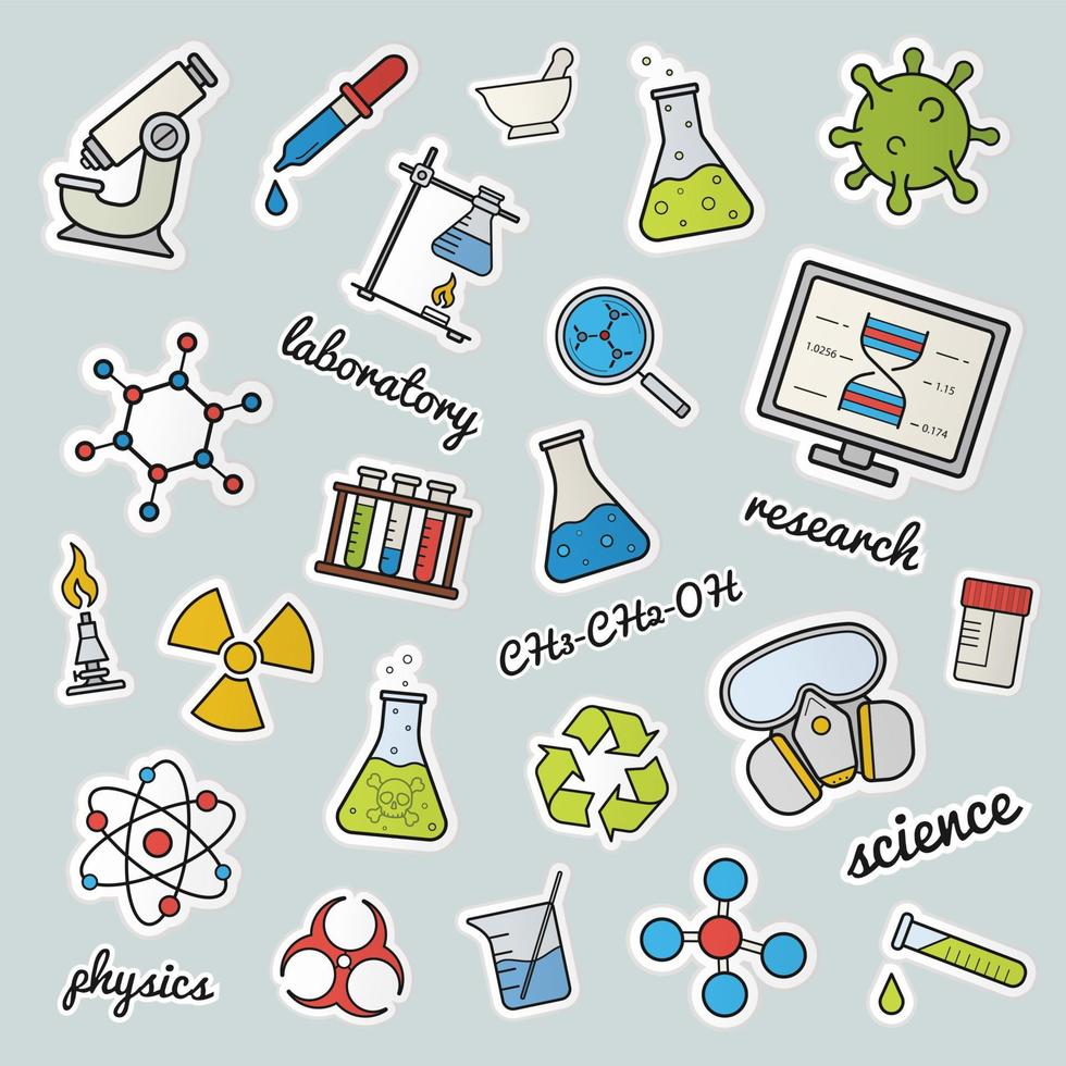 Chemical lab patches. Science. Color stickers, pins and badges set. Gas mask, molecule, atom, biohazard, recycle and radiation symbols, test tubes, flask with liquid. Vector isolated illustrations