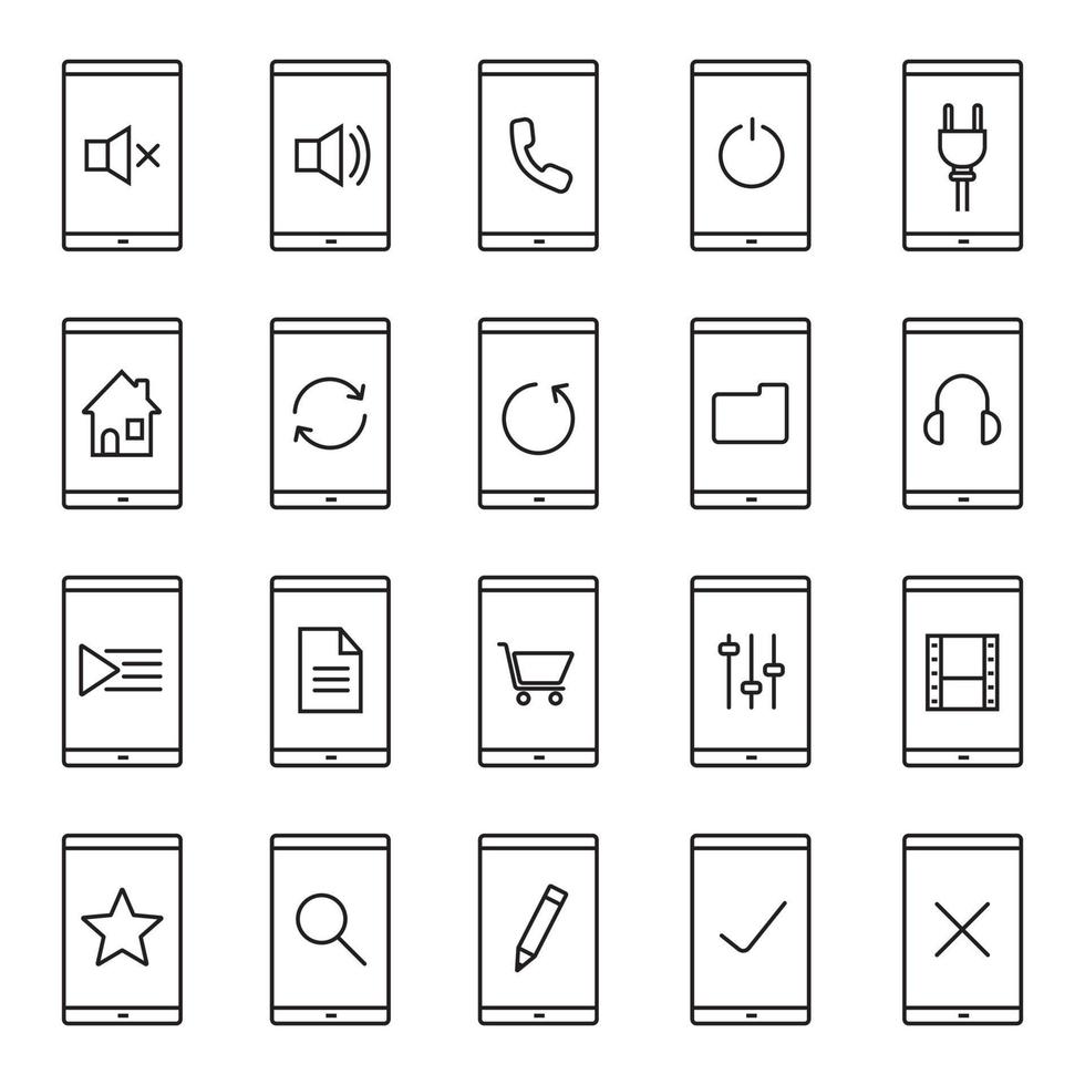 Smartphone linear icons set. Home page, playlist, listen to music, new document, folder, shopping, edit, search, rate, mute on and off buttons. Thin line contour symbols. Isolated vector illustrations