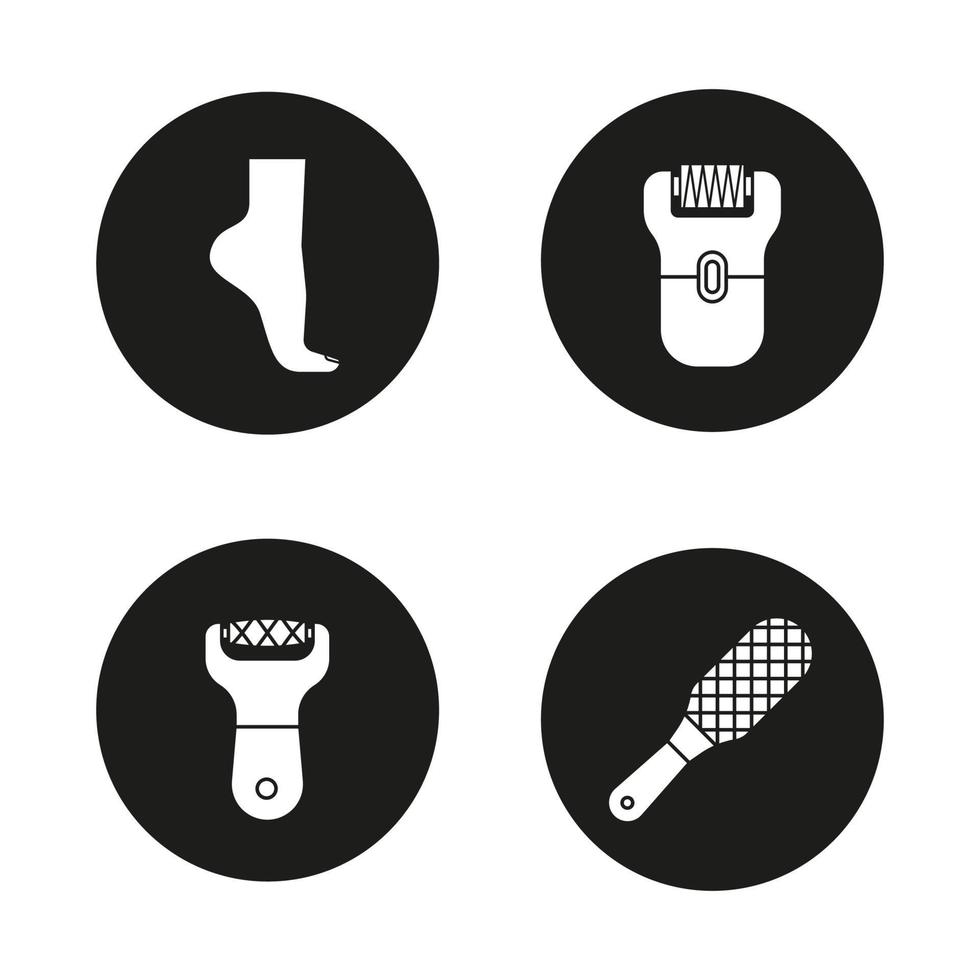 Feet care icons set. Woman's foot, file, rasp, epilator. Vector white silhouettes illustrations in black circles