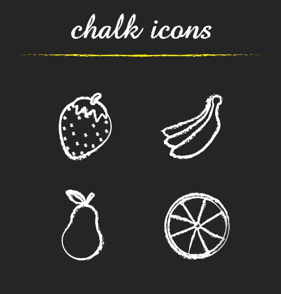 Fruit chalk icons set. Strawberry, bananas bundle, pear, orange. Isolated vector chalkboard illustrations