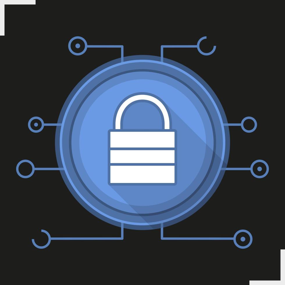 Lock flat design long shadow icon. Cyber security. Closed padlock in microchip pathways. Vector silhouette symbol