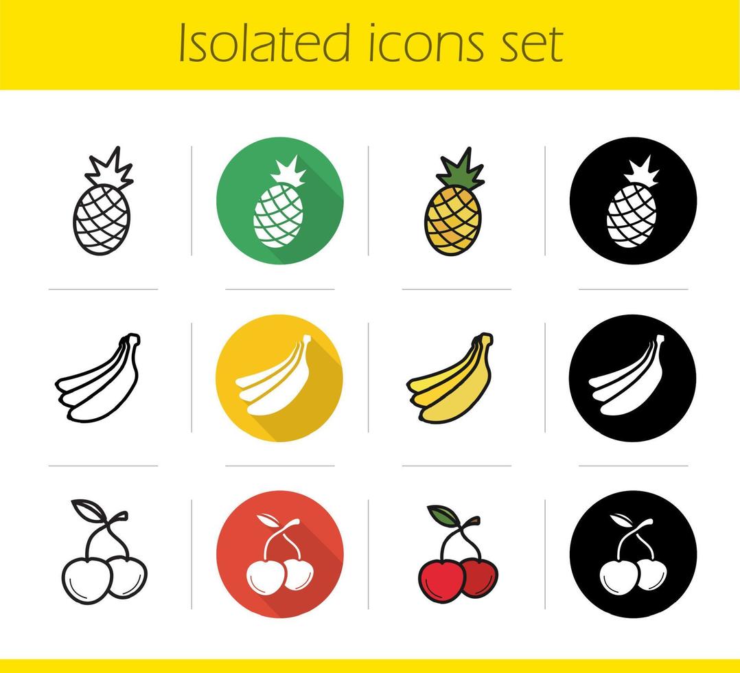 Fruit icons set. Flat design, linear, black and color styles. Pineapple, bananas bundle, cherries. Isolated vector illustrations