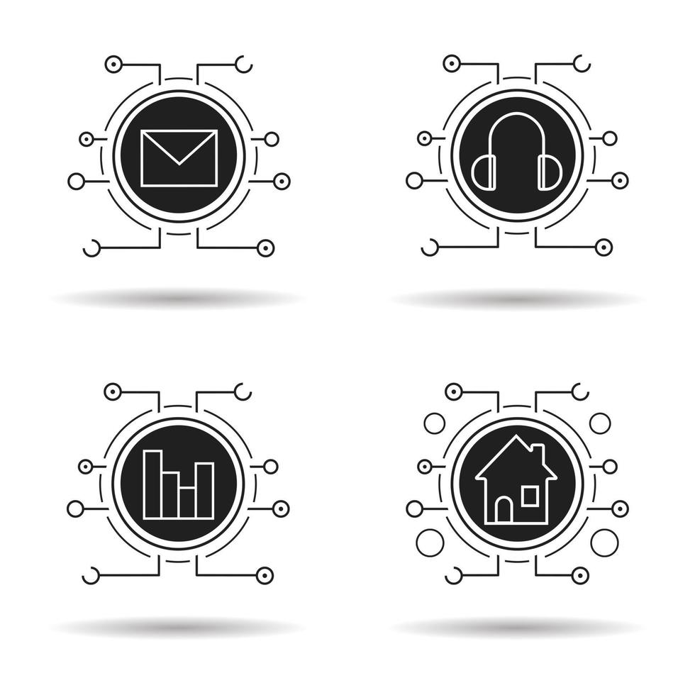 Cyber technology icons set. Music, statistics, email and smart house concepts. Letter, headphones, chart and home. Vector white illustrations in black circles