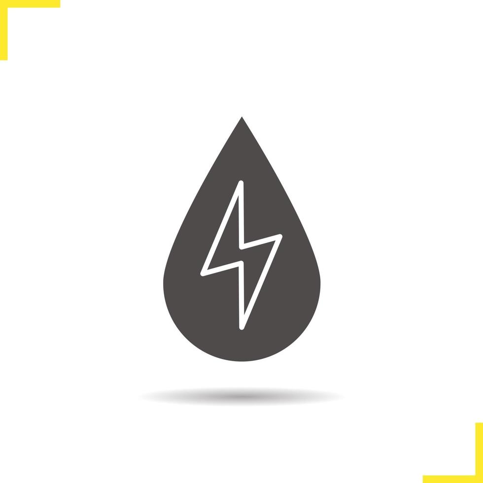 Water energy icon. Drop shadow silhouette symbol. Hydro power plant. Water drop with lightning inside. Negative space. Vector isolated illustration