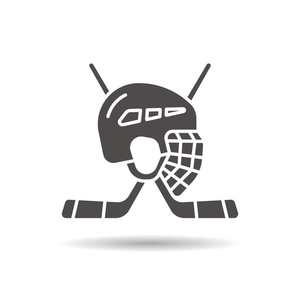 Hockey game equipment icon. Drop shadow silhouette symbol. Hockey sticks and helmet. Negative space. Vector isolated illustration