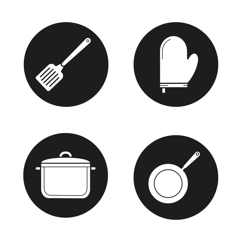 Kitchenware icons set. Cooking equipment. Spatula, pot holder, saucepan, frying pan. Vector white silhouettes illustrations in black circles