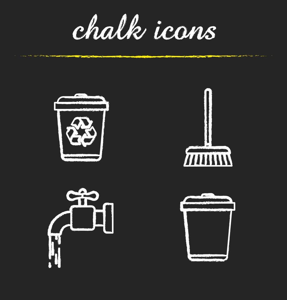 Cleaning service chalk icons set. Environment protection. Running tap water, recycle bins, mop. Isolated vector chalkboard illustrations