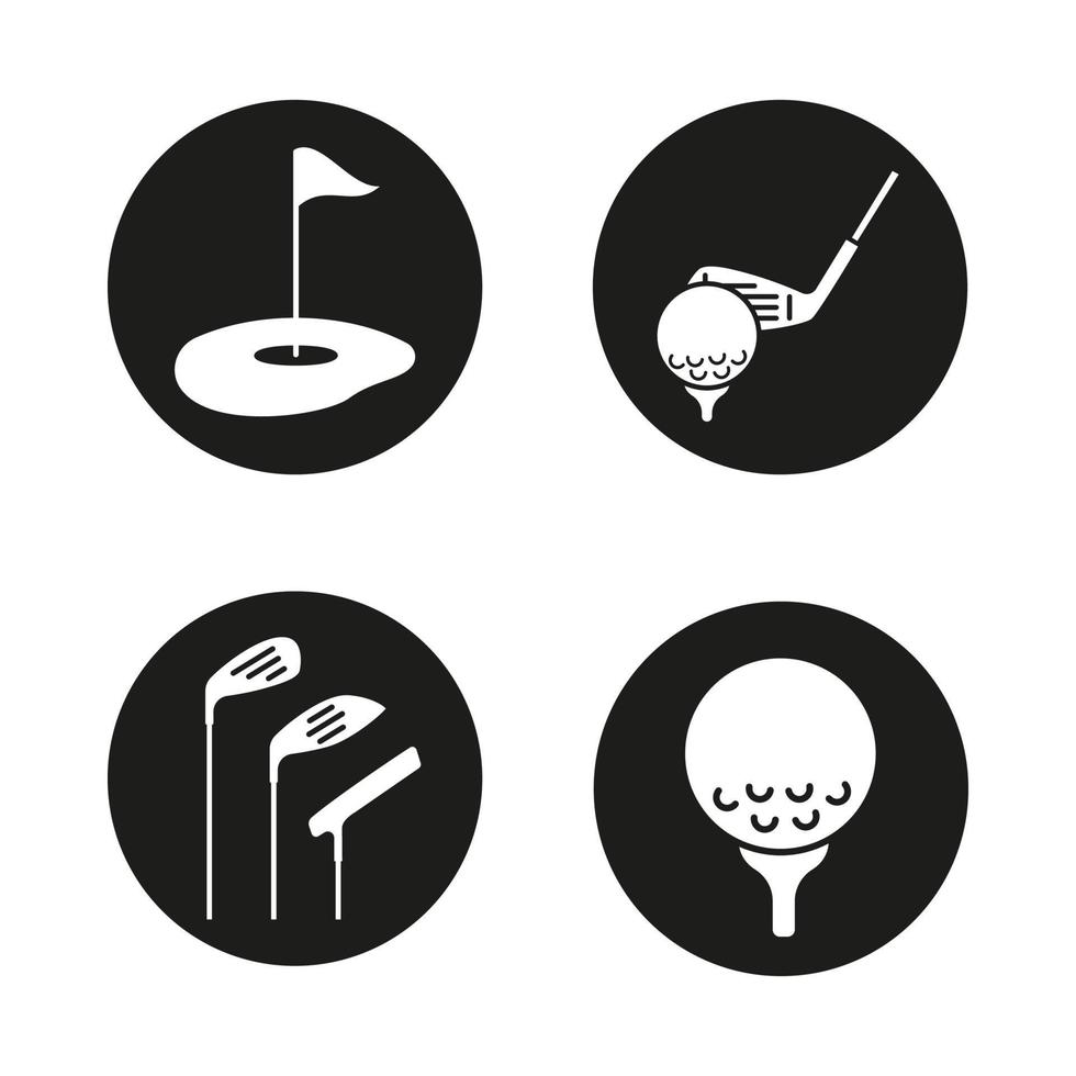 Golf icons set. Golf course, clubs, ball on tee. Vector white silhouettes illustrations in black circles