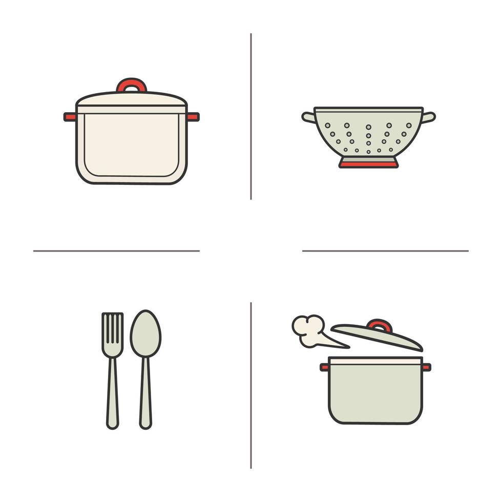 Kitchen items color icons set. Stew pan, fork and spoon, steaming saucepan, kitchen sieve. Isolated vector illustrations