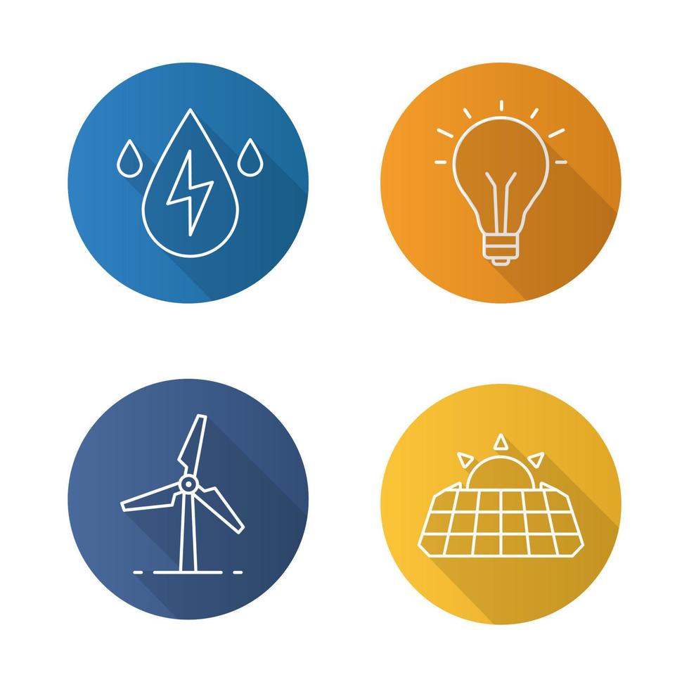 Eco energy flat linear long shadow icons set. Solar panels, windmill, water energy, light bulb. Vector line illustration