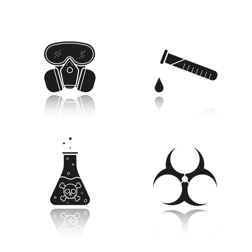 Chemical industry drop shadow black icons set. Gas mask, boiling poison liquid, chemical test tube and biohazard danger symbol. Isolated vector illustrations