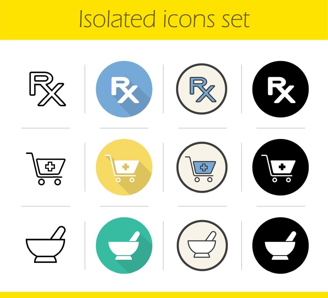 Pharmacy icons set. Flat design, linear, black and color styles. Drugstore, Shopping cart with cross, rx prescription sign, mortar and pestle. Isolated vector illustrations