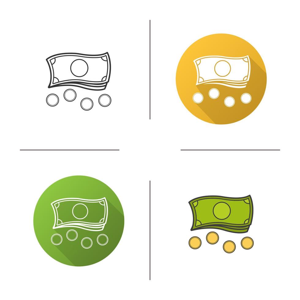 Money icon. Flat design, linear and color styles. Cash and coins. Isolated vector illustrations
