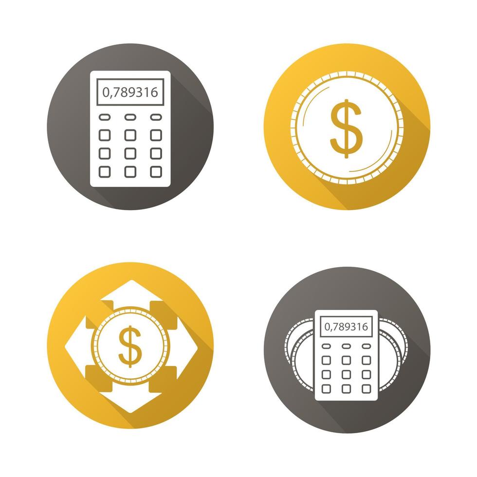 Banking and finance. Flat design long shadow icons set. Calculator, dollar coin, money spending, income calculations. Personal financial planning. Vector silhouette illustration