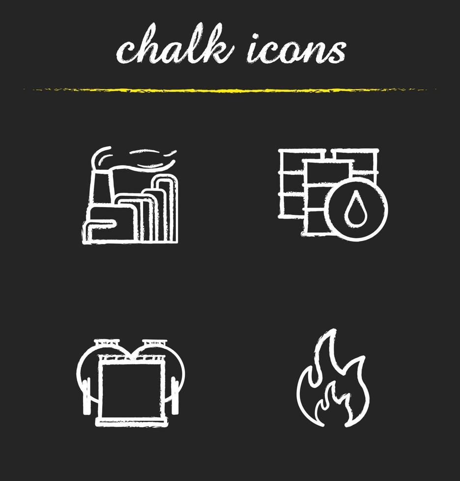 Oil industry chalk icons set. Industrial factory with smoke, barrels and storage, flammable sign. Isolated vector chalkboard illustrations