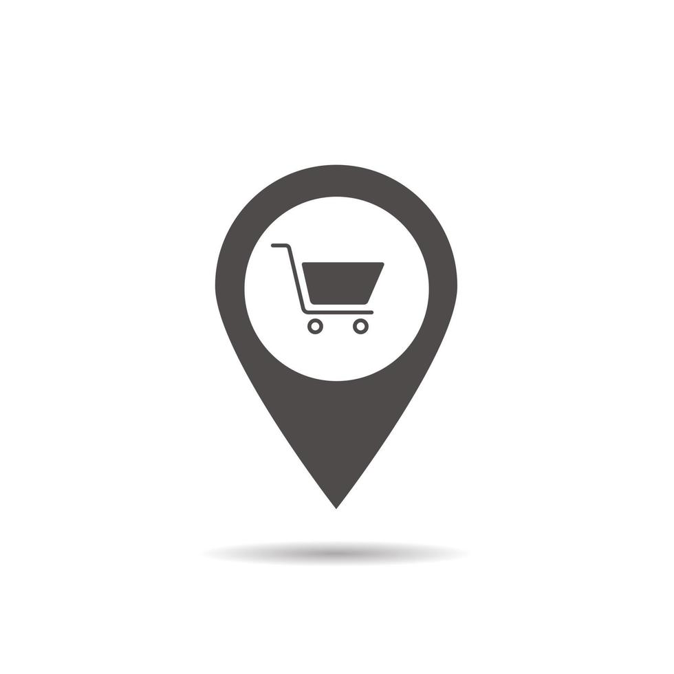 Supermarket location icon. Drop shadow map pointer silhouette symbol. Shopping cart pinpoint. Grocery store nearby. Vector isolated illustration