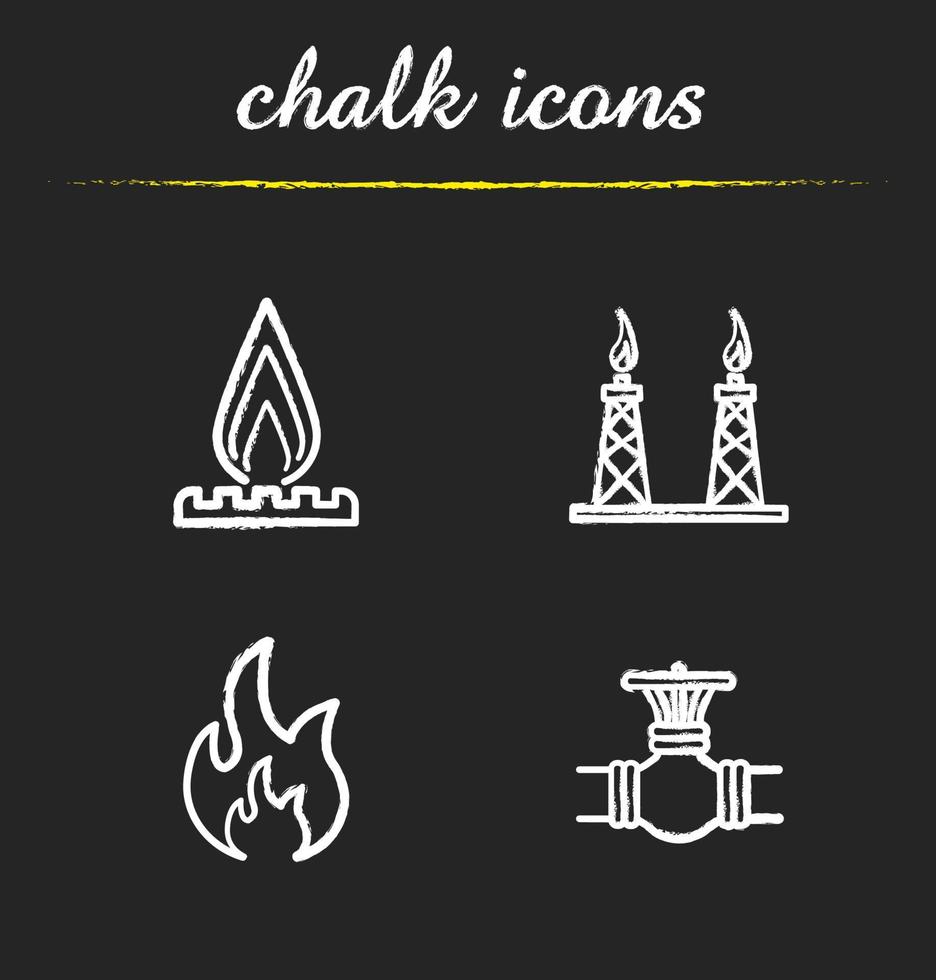 Gas industry chalk icons set. Pipeline valve, flammable sign, gas platform and burner. Isolated vector chalkboard illustrations