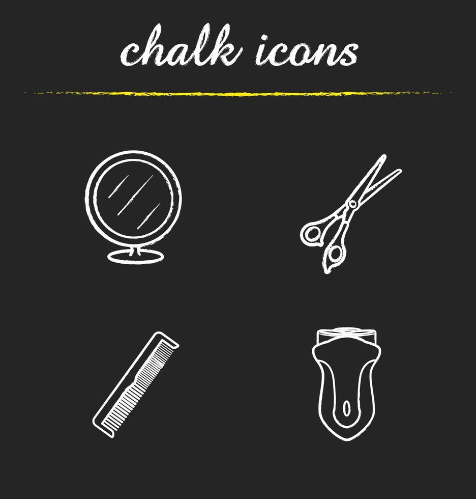 Barbershop accessories chalk icons set. Table mirror, scissors, comb, electric razor. Isolated vector chalkboard illustrations