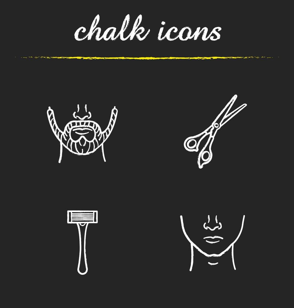 Barbershop chalk icons set. Men's beard and clean face, scissors, shaver. Isolated vector chalkboard illustrations