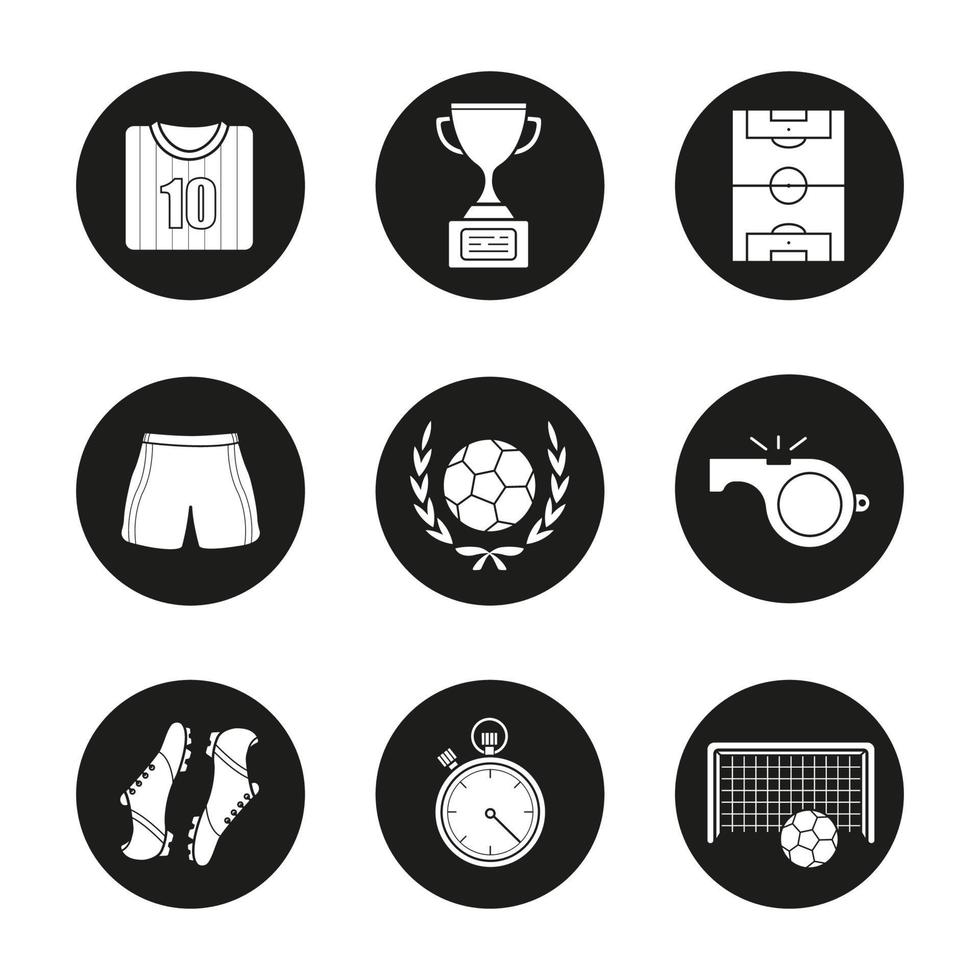 Soccer competition icons set. Football t-shirt, shoes and shorts, field, whistle, stopwatch, gate, ball in laurel wreath, winner's gold cup. Vector white silhouettes illustrations in black circles