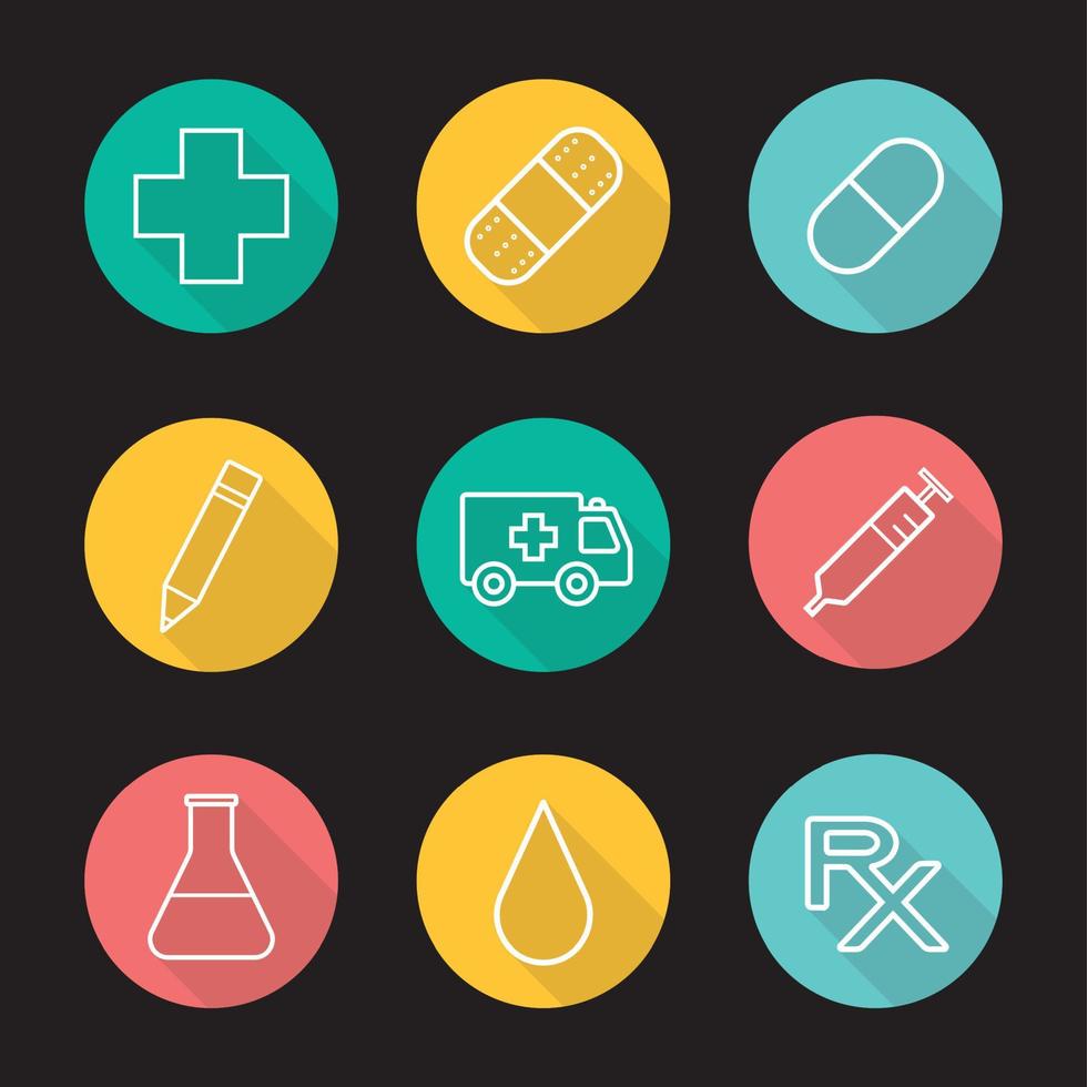 conjunto de iconos de larga sombra lineal plana de hospital. cruz médica, tirita adhesiva, pastilla, lápiz, coche de emergencia, jeringa, vaso con líquido, gota, prescripción médica. ilustración de línea vectorial vector