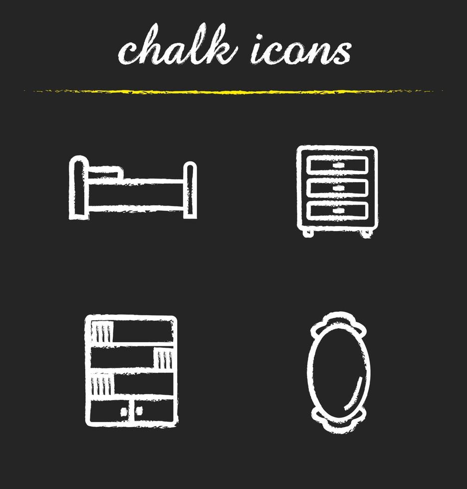 Furniture chalk icons set. Bedroom interior. Bed, nightstand, bookcase, wall mirror. Isolated vector chalkboard illustrations