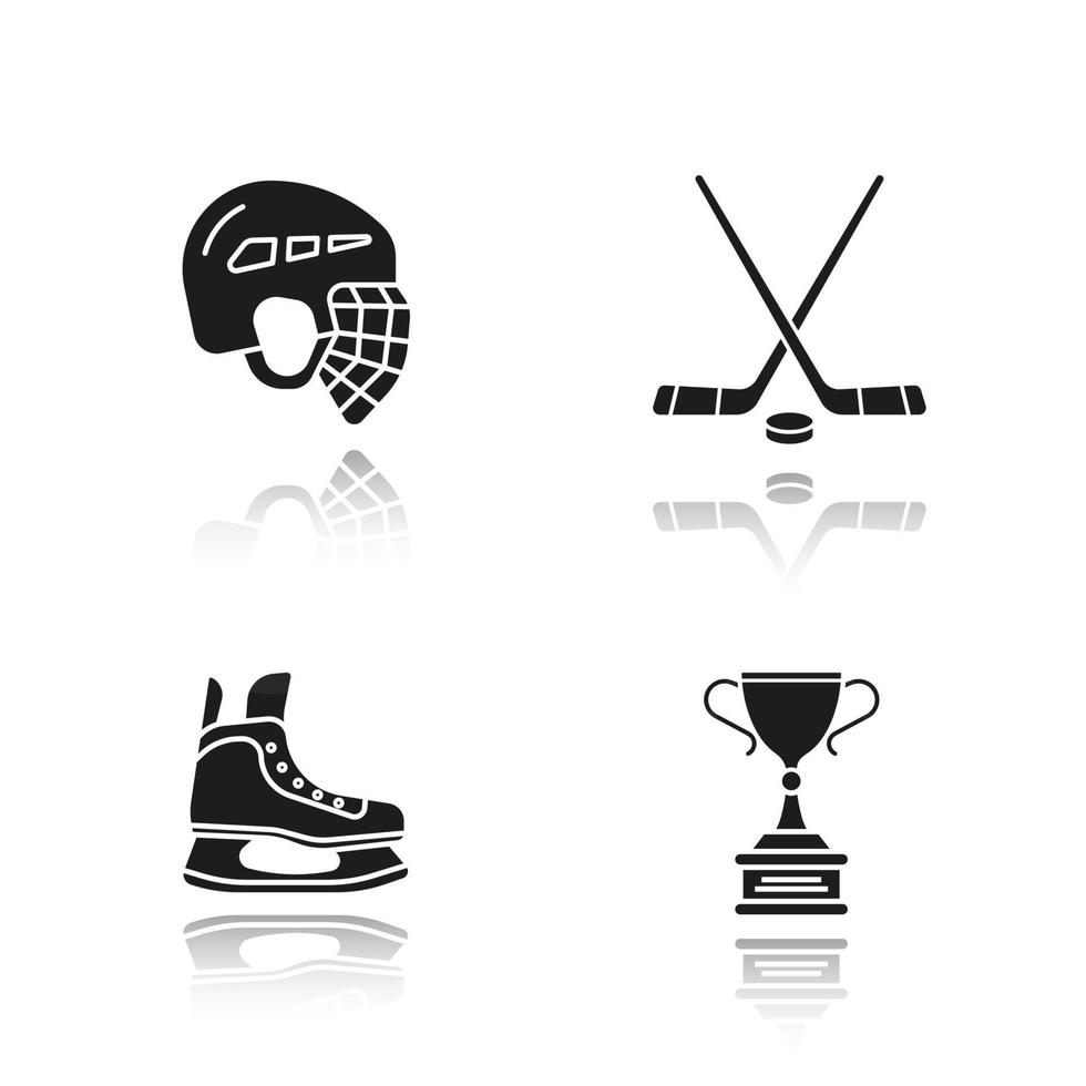 Hockey equipment drop shadow black icons set. Helmet, ice skate, sticks, winner's award. Isolated vector illustrations