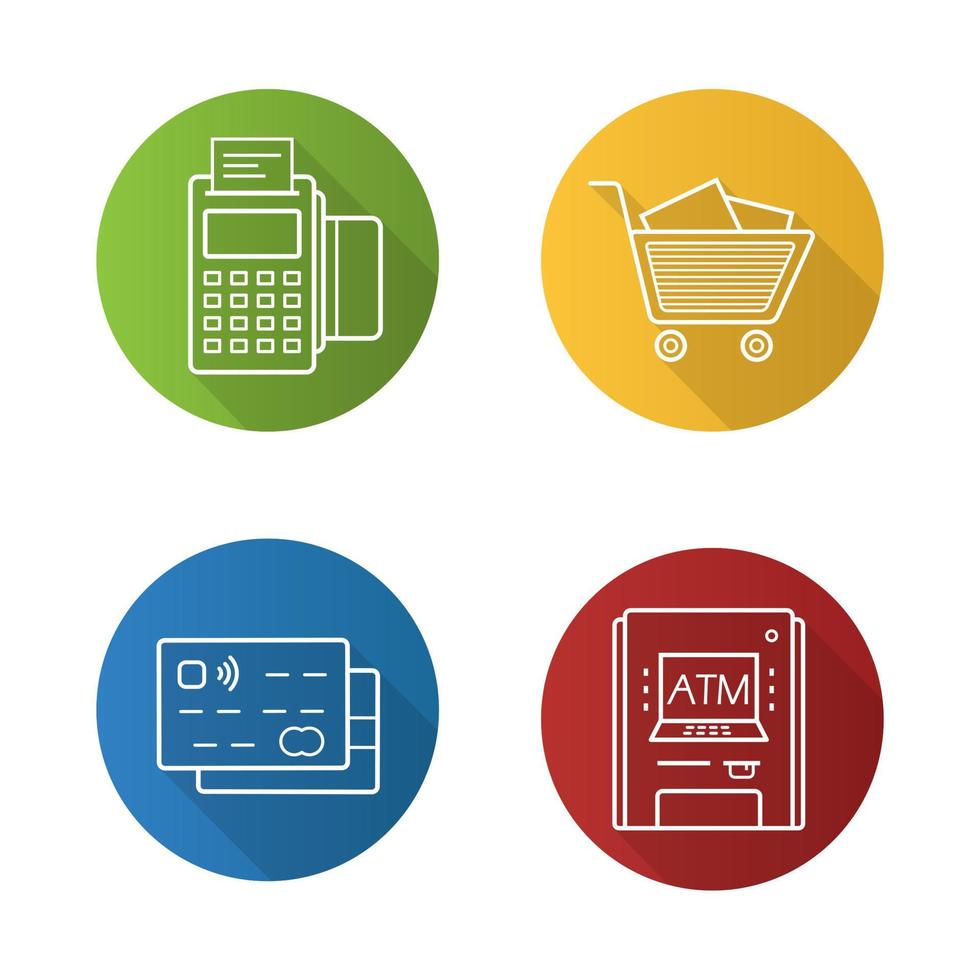 Supermarket flat linear long shadow icons set. Credit cards, pos terminal, bank atm machine, supermarket shopping cart with boxes. Vector line illustration