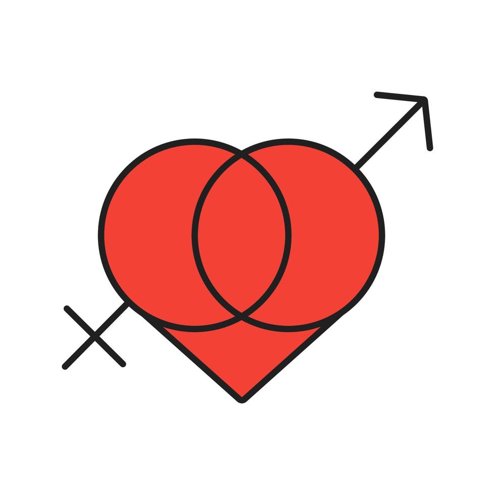 icono de color del día de san valentín. símbolos entrelazados de marte y venus en el corazón. emblema de sex shop. ilustración vectorial aislada vector