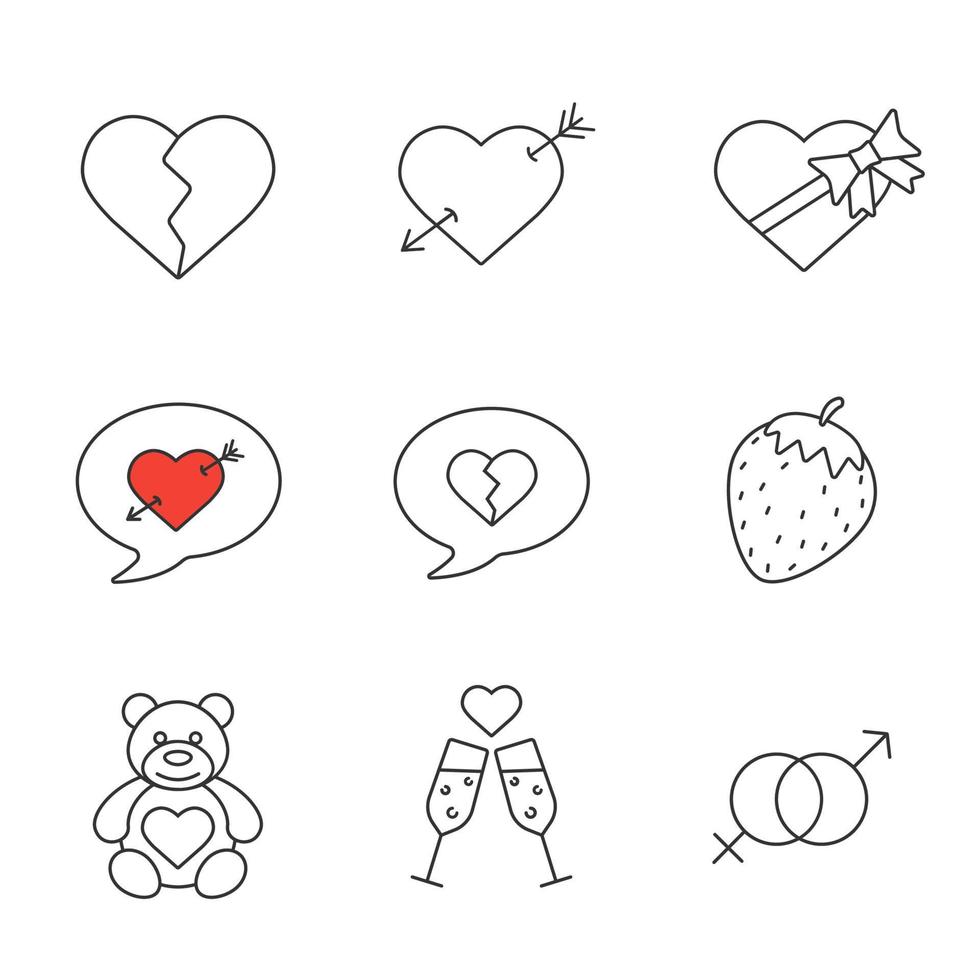 Valentine's Day linear icons set. Heartbreak, heart with arrow, candies box, teddy bear, champaghe, sex and erotic signs, love chatting. Thin line contour symbols. Isolated vector illustrations