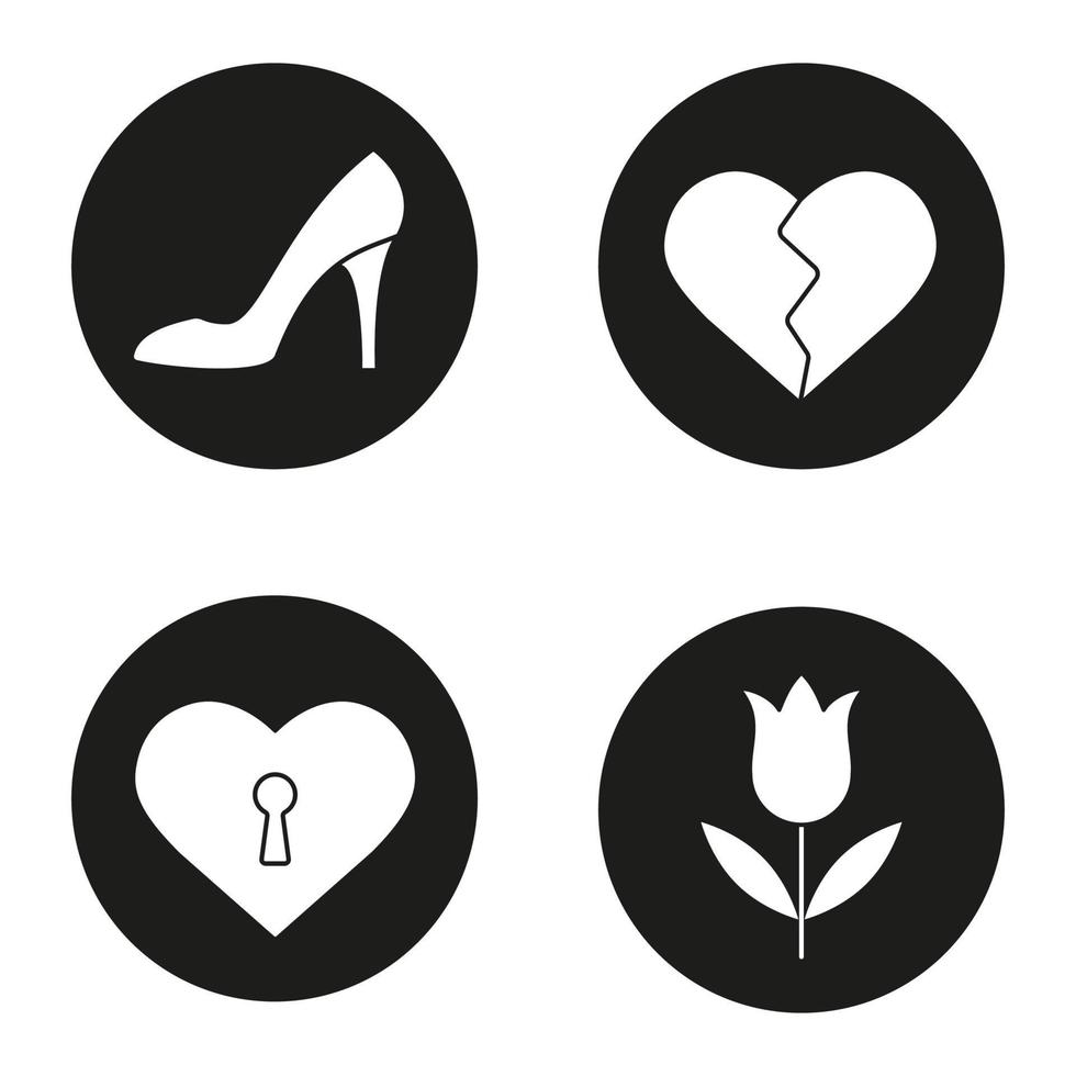 Valentine's Day icons set. Woman's shoe, tulip, heartbreak, heart with keyhole. Vector white silhouettes illustrations in black circles