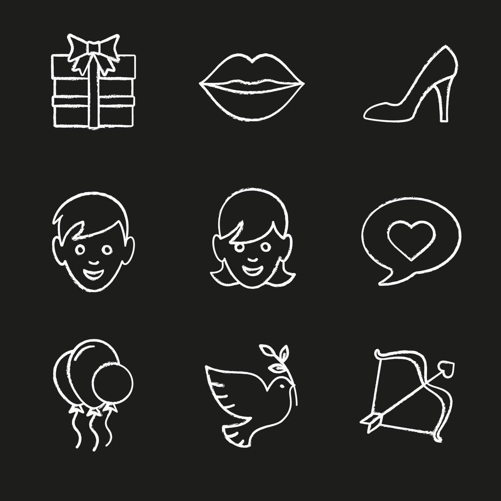 Conjunto de iconos de tiza de San Valentín. caja regalo, zapato de mujer, beso, niño y niña, mensaje de amor, globos aerostáticos, paloma, arco y flecha de cupido. ilustraciones de pizarra vector aislado