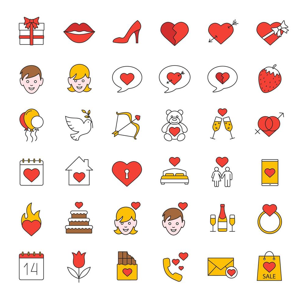 Valentine's Day color icons set. Amour arrow and bow, teddy bear, present, man and woman, champagne, chatting, lovers bed, heart, wedding cake, bed, 14 February. Isolated vector illustrations