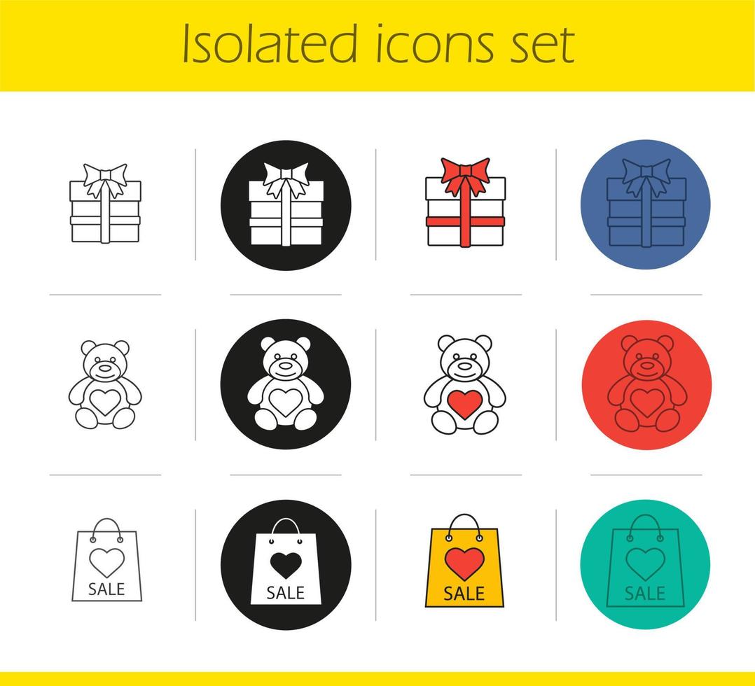 Valentine's Day icons set. Linear, black and color styles. Teddy bear, gift box, Valentines Day sale. Isolated vector illustrations