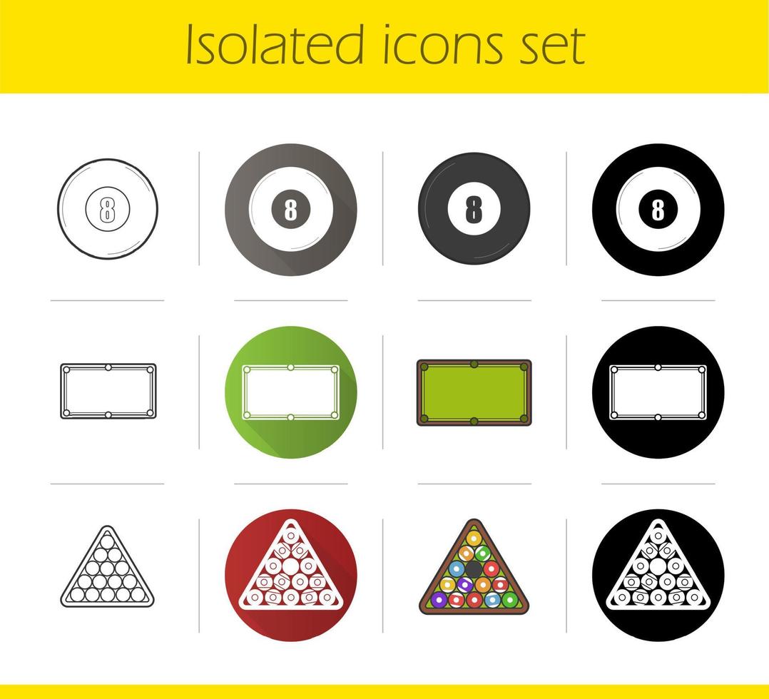 Billiard icons set. Flat design, linear, black and color styles. Pool equipment. Eight ball, table, triangle balls rack. Isolated vector illustrations