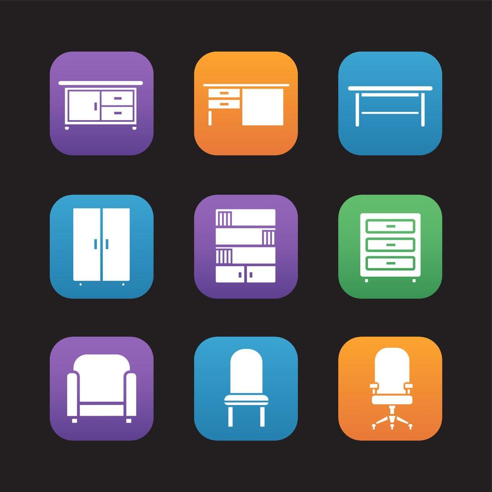 Furniture items flat design icons set. Kitchen counter, desk, classic wooden table, wardrobe, bookcase, dresser, armchair, computer chair. Web application interface. Vector