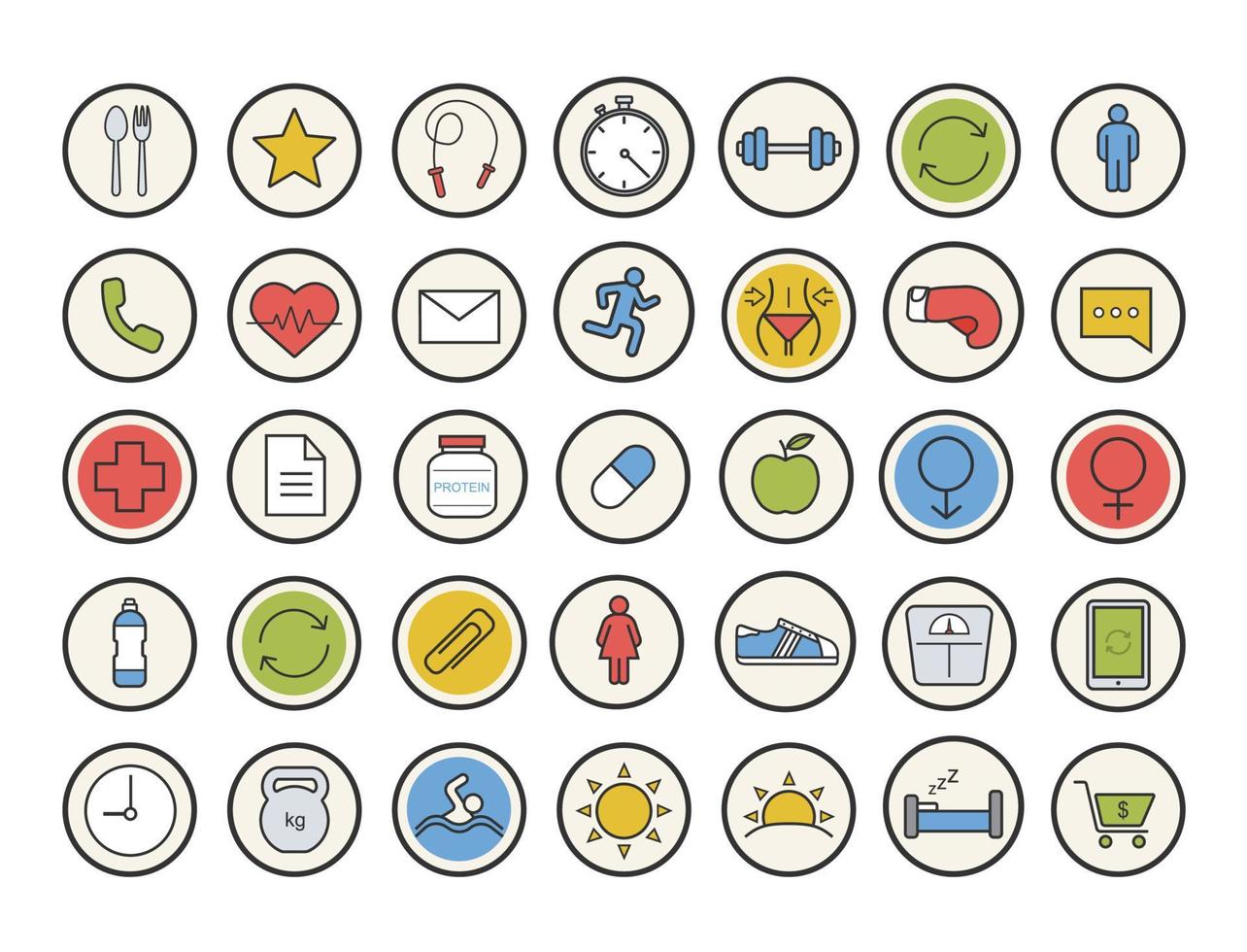 Sport and fitness color icons set. Healthy lifestyle. Gym training equipment. Daily timetable, healthcare, organizer, healthy diet and gender symbols. Vector isolated illustrations