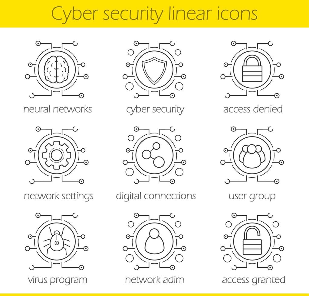 Cyber security linear icons set. Digital technology and cloud computing concepts. Neural networks, access, settings, digital connections, admin, user, virus. Thin line. Isolated vector illustrations