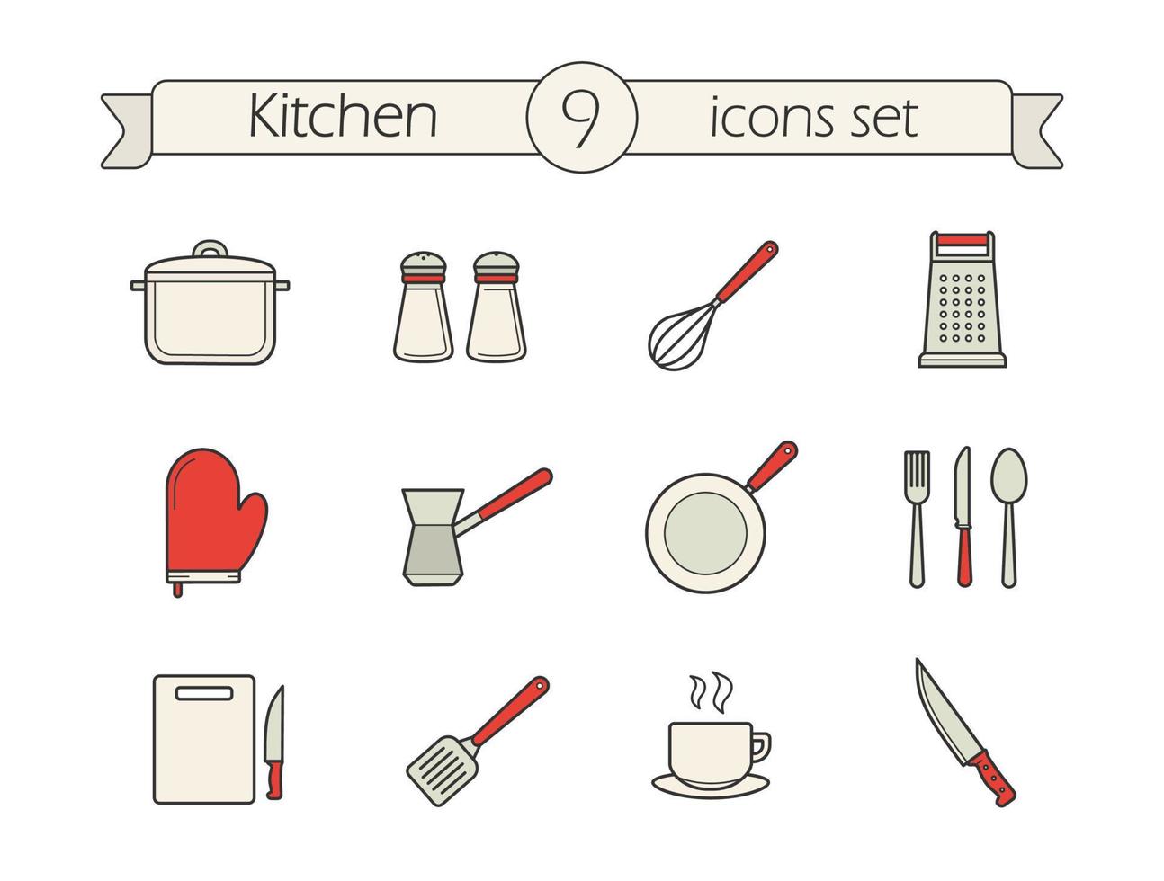 Kitchen utensils color icons set. Saucepan, salt and pepper shakers, whisk, grater, oven mitt, frying pan, fork, spoon, knife, cutting board, spatula, chef's knife. Vector isolated illustrations