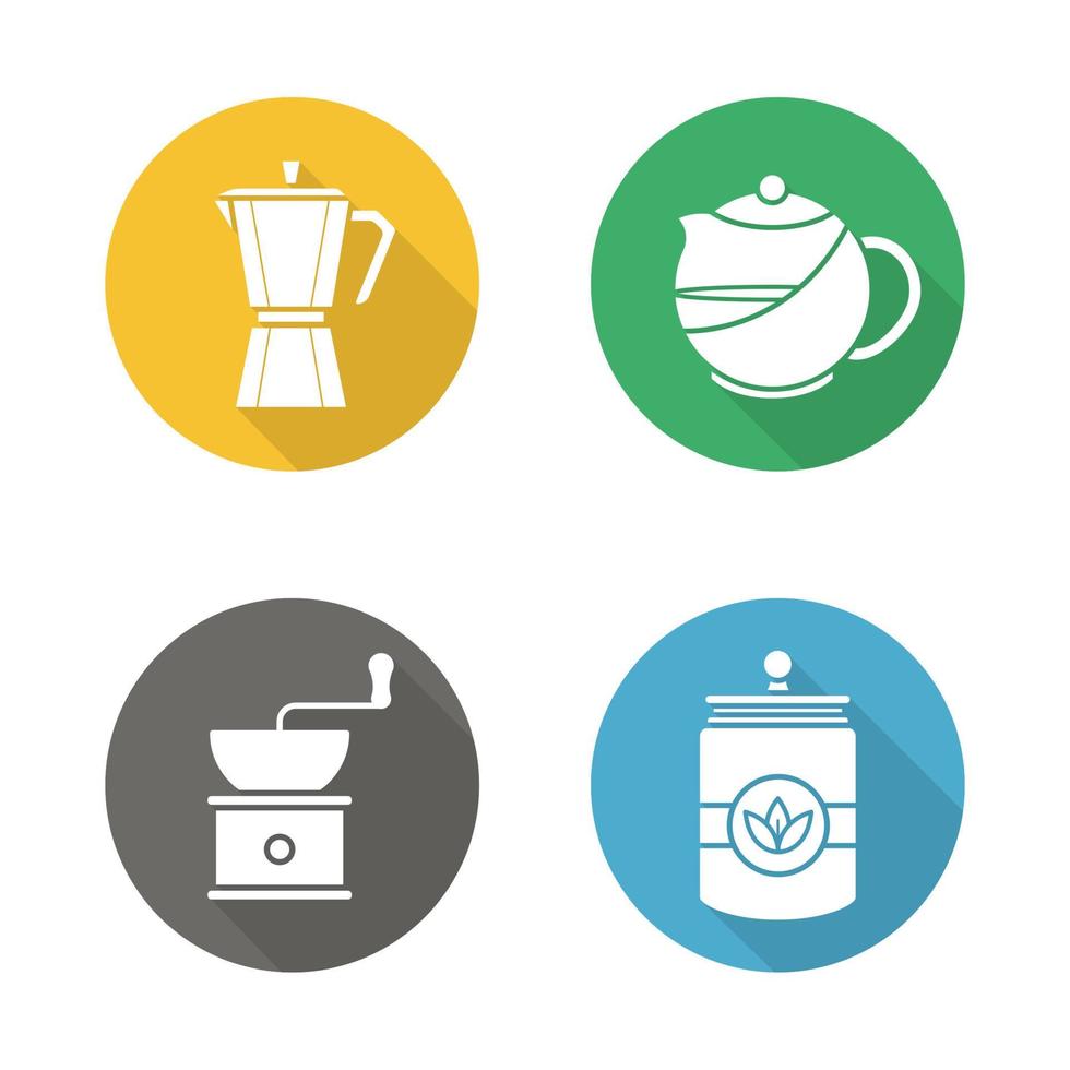 Coffee and tea flat design long shadow icons set. Moka pot, brewing teapot, coffee grinder, tea jar. Vector symbols