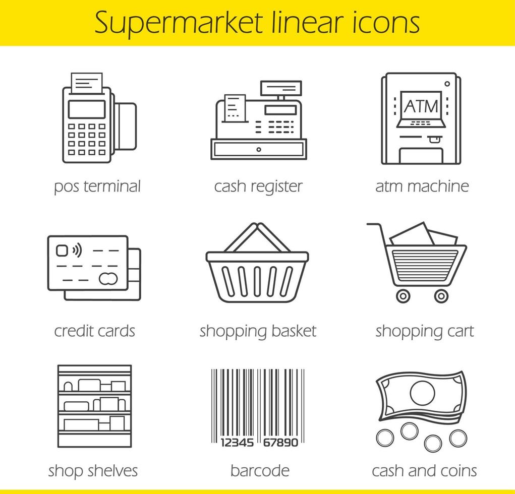 Supermarket linear icons set. Pos terminal, cash register, atm machine, credit card, shopping basket and cart, shop shelves, barcode, cash and coins. Thin line. Isolated vector illustrations