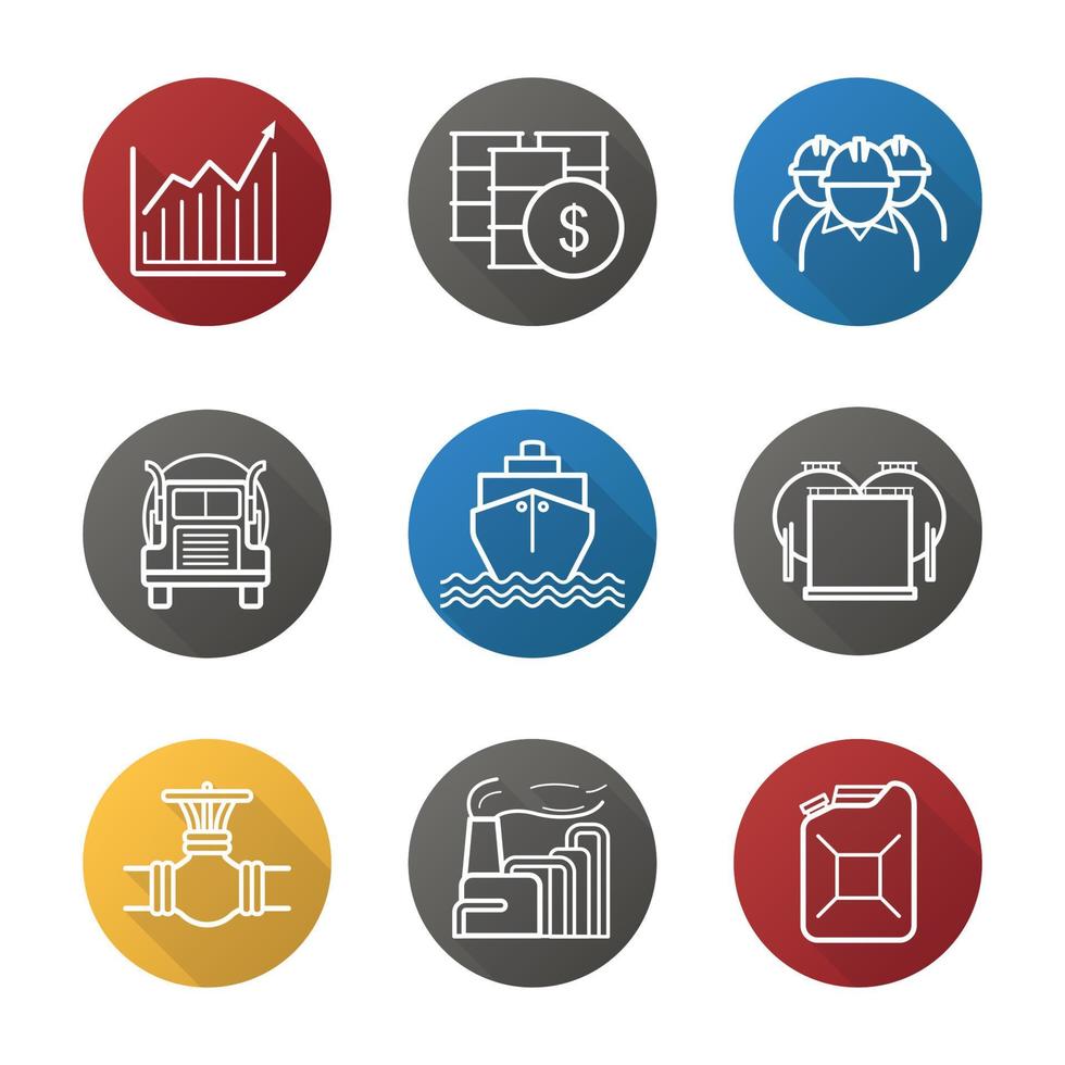 Oil industry flat linear long shadow icons set. Petrol sale. Oil barrels, industry workers, jerrycan, pipeline valve, cargo ship, storage, growth chart, jerrycan. Vector line symbols