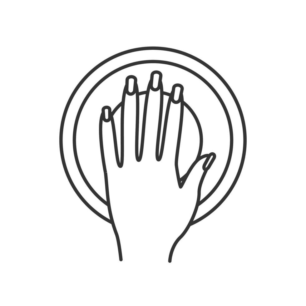 Manicure bowl linear icon. Thin line illustration. Woman's manicured hand with bowl contour symbol. Vector isolated outline drawing