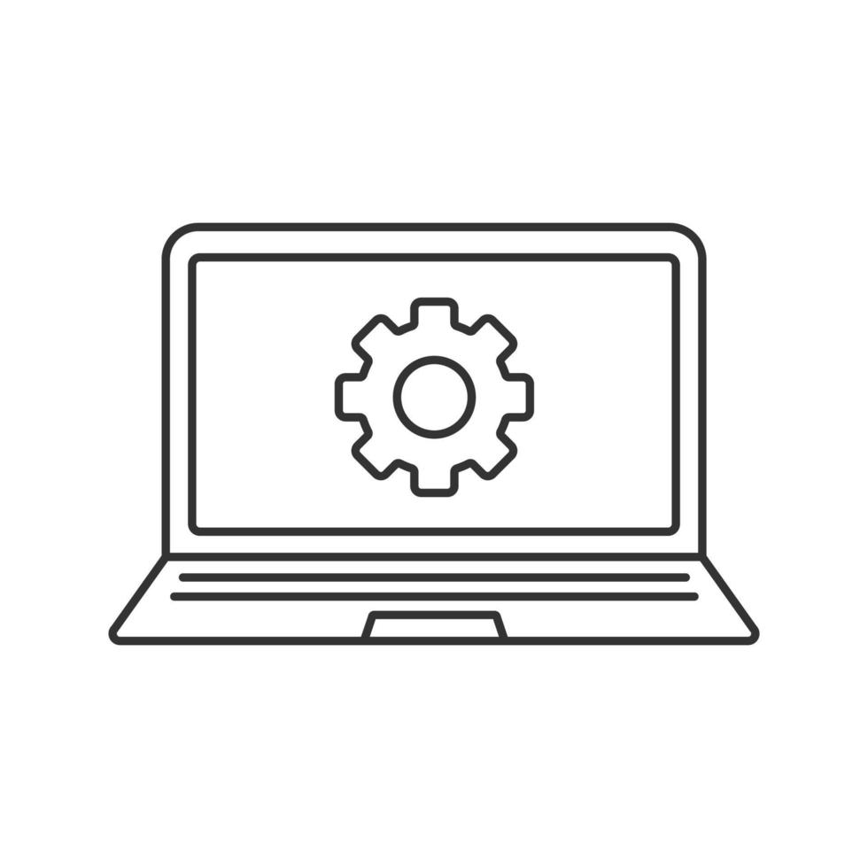 Laptop settings linear icon. Thin line illustration. Notebook with cogwheel contour symbol. Vector isolated outline drawing